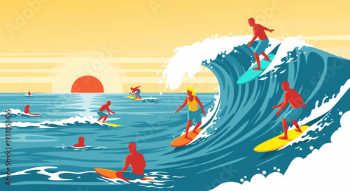 Dynamic vector illustration of surfers riding a large wave at sunset, capturing the thrill of extreme water sports and coastal adventures