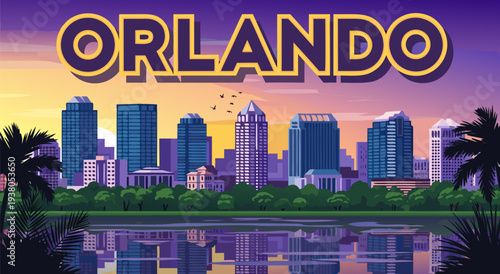 Orlando Skyline Illustration Vector Art A Vibrant Cityscape with Palm Trees and Water Reflection
