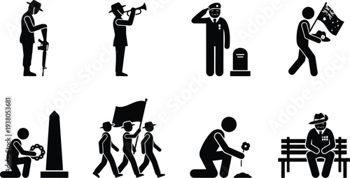 Vector illustration series depicting military tribute actions and remembrance ceremonies