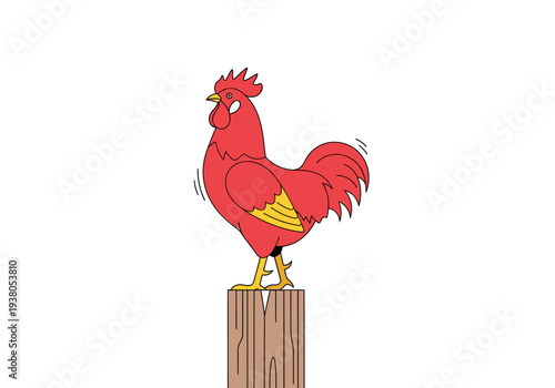 Vibrant red rooster standing proudly on a wooden stump, illustration showcasing farm animal in a natural setting from a side viewpoint