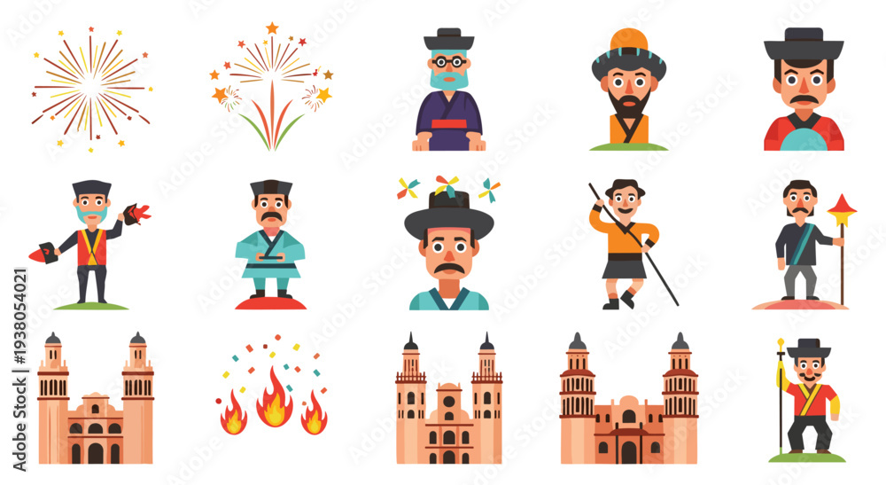 Fototapeta premium Traditional chinese festival characters and architecture illustrations