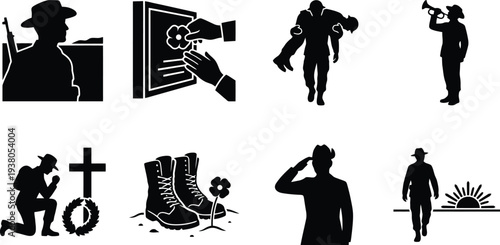 Silhouette illustrations depicting military tribute activities and memorial symbols