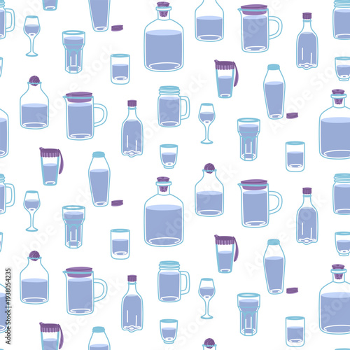 Seamless pattern with various water bottles and glasses isolated on white background. Flat illustration for healthy lifestyle posters, kitchen textile, mineral water wrap or drinkware backdrop