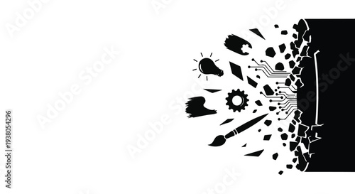 creative design elements exploding out of a computer screen