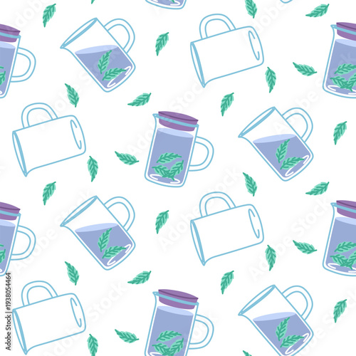 Seamless pattern with glass pitchers of mint water and green leaves isolated on white background. Flat illustration for healthy lifestyle posters, kitchen textile or organic beverage wrap