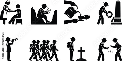 Icon collection depicting various community service activities and memorial practices
