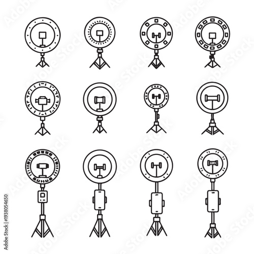 Various Ring Lights on Tripods Icon Set Line Art Technology