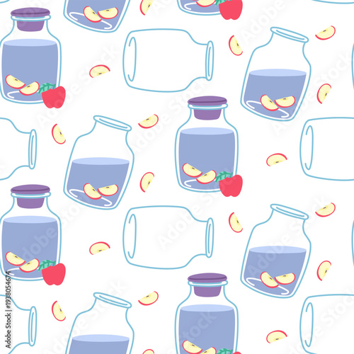 Seamless pattern with glass jars of apple water and fruit slices isolated on white background. Flat illustration for healthy lifestyle posters, kitchen textile or organic beverage wrap