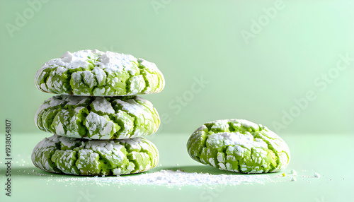 Clean studio product style image of green crinkle cookies isolated on pastel background