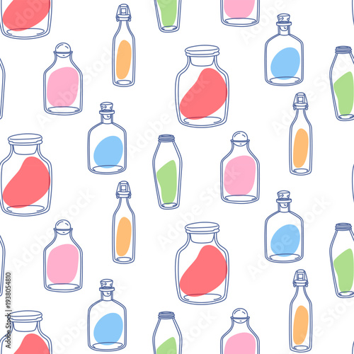Seamless pattern with various glass bottles and colorful abstract shapes isolated on white background. Flat illustration for kitchen textile, creative wallpaper, beverage wrap or backdrop