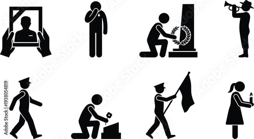 Vector illustrations of various memorial activities including tributes and ceremonies