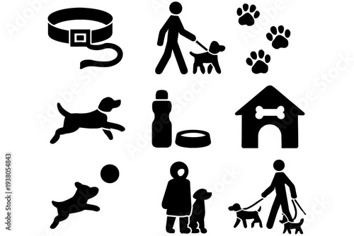 Dog Walking Black Vector Icon Set Collection on White Background
