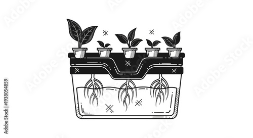 Hydroponic system with young plants growing.