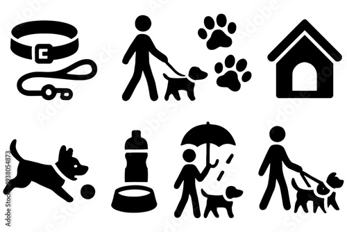 Dog Walker Black Vector Icon Set Isolated on White Background