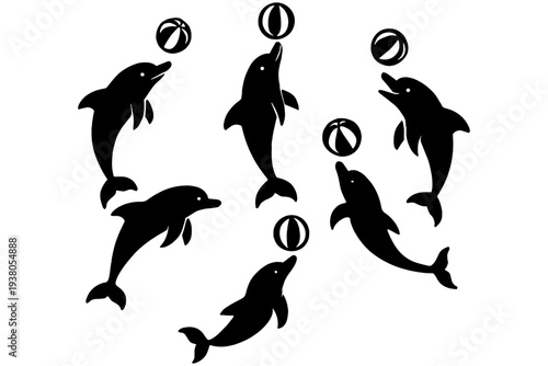 Dolphin Silhouettes with Beach Balls Playful Marine Animals Vector