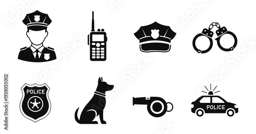 Police Icon Set Badge Officer Dog Handcuffs Patrol Car Flat Vector