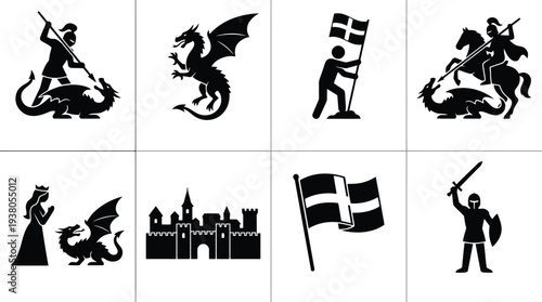 Fantasy-themed vector illustrations of knights, dragons, and castles for storytelling and gaming