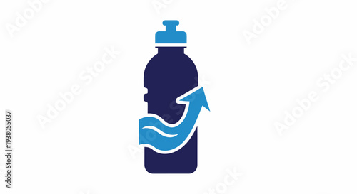 Dark Blue Water Bottle with Upward Arrow Symbolizing Refill and Sustainability, Isolated Vector Icon