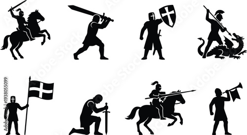 Silhouette illustrations of medieval warriors engaging in battle and heroic actions