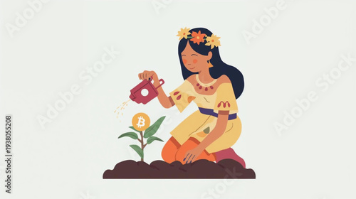 Watering bitcoin plant sprout vector illustration