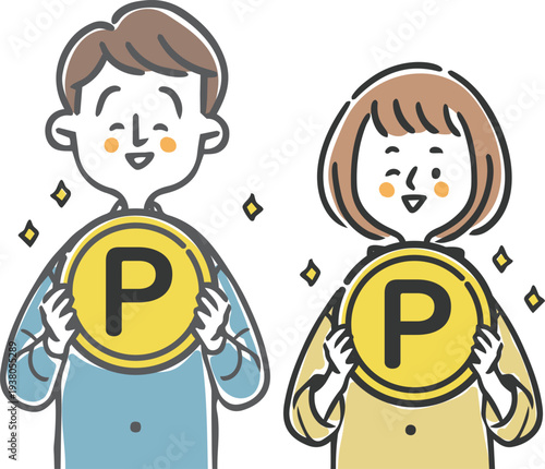 ポイントのコインを持つ夫婦　上半身　ベクター