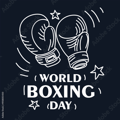 World Boxing Day greeting card with outline boxing gloves and stars isolated on dark background. Flat illustration for sports event posters, fitness center banners or social media graphics. square