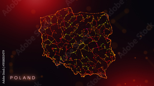 A creative cartography design featuring the Poland country border in a colorful plexus style. Glowing red and orange dots and lines represent digital technology and business communication.