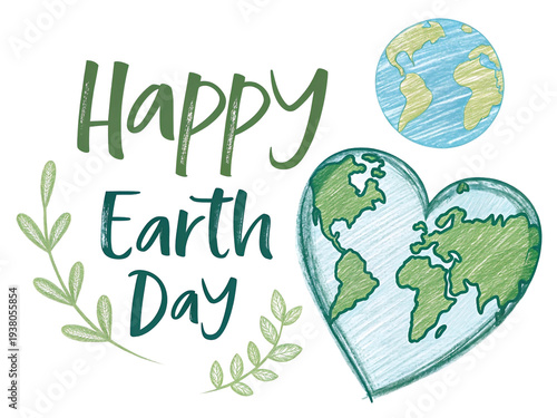 Happy Earth Day hand drawn watercolor globe heart with green leaves and world map celebration eco friendly illustration