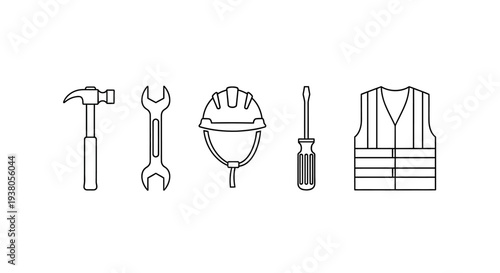 Construction Tools and Safety Vest Icons.
