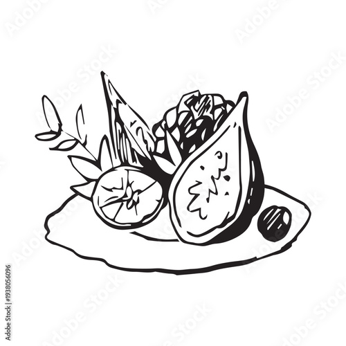 Hand drawn fruit plate sketch, sliced fig with lemon, olive and herbs on rustic plate, Mediterranean food still life, line art black ink isolated on white background