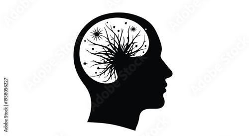 Black silhouette of a human head with tree branches and sparks inside the brain