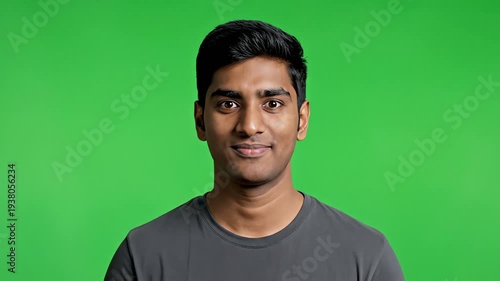 Young man with surprised expression on green screen background
