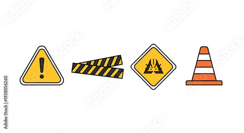 caution road signs and traffic cone set.