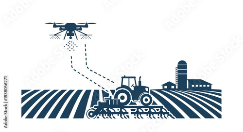 Drone spraying tractor in farm field.