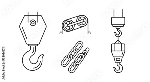 Crane hook chain pulley system line icons set.