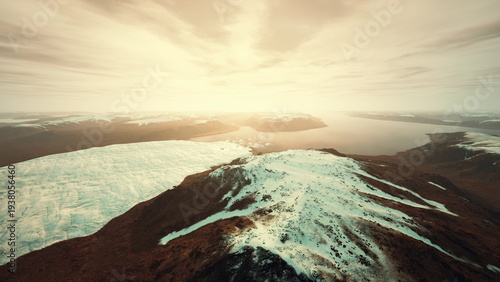 Schilderij op canvas glacier peak silhouette melting into dusk light, steep ridgelines framed by warm