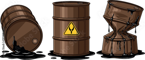 Oil barrels collection with leaking toxic drum damaged container and hazardous waste industrial pollution vector illustration set