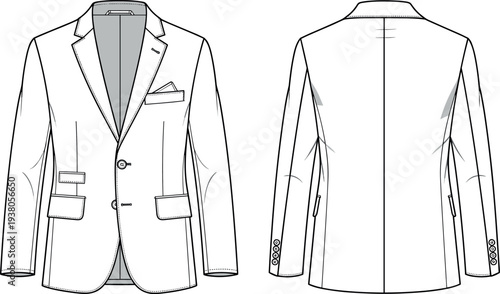 Men’s Formal Blazer Jacket Front and Back View Technical Fashion Outline Isolated on White Background Vector Illustration