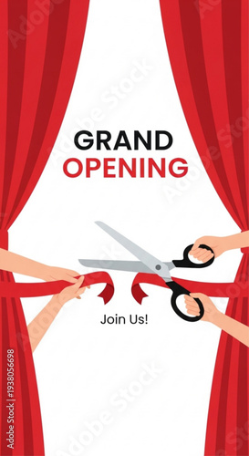 Grand opening ceremony with hands holding scissors and ribbon  