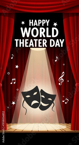 Happy World Theater Day poster with theatrical masks and curtains  