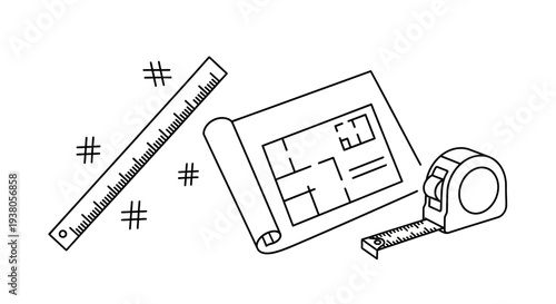 architectural blueprint with ruler and tape measure.
