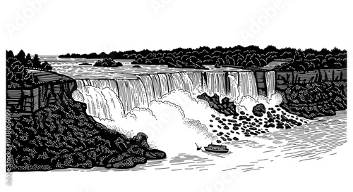 Waterfall pouring down rocky slope side.