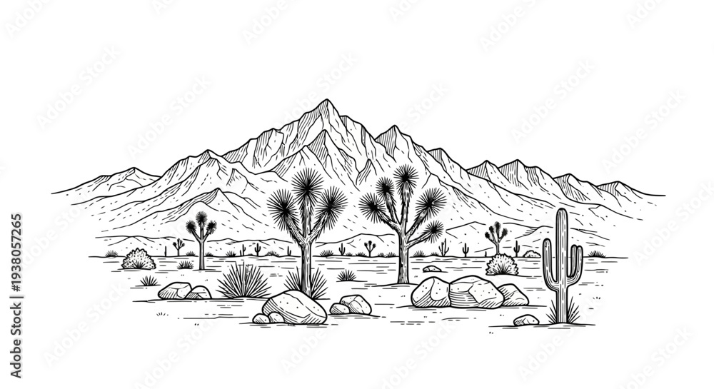 Fototapeta premium Desert plants and mountain landscape scene.