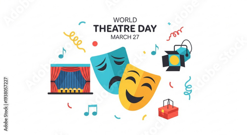 World Theatre Day celebration with masks, stage, and musical notes  