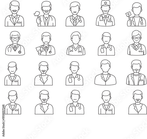 Collection of 20 black and white illustrations of various male bust portraits