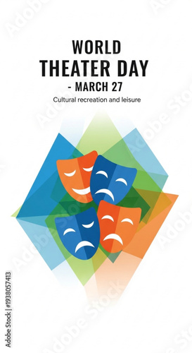 World Theater Day poster with colorful masks and geometric background  