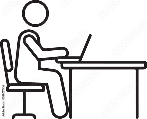 A person sitting at a desk working on a laptop computer in a simple line drawing style