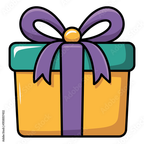 Brightly colored wrapped present box with a large purple bow illustration.