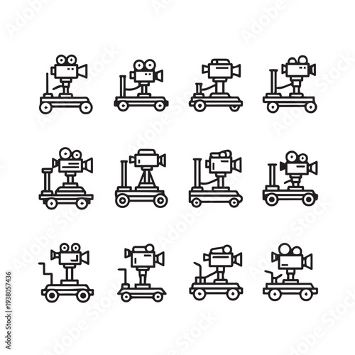 Vintage Film Camera Dolly Icons Set Movie Production Equipment Collection