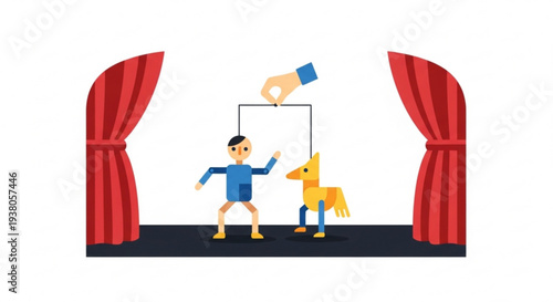 Puppet show performance with child and colorful puppet on stage  